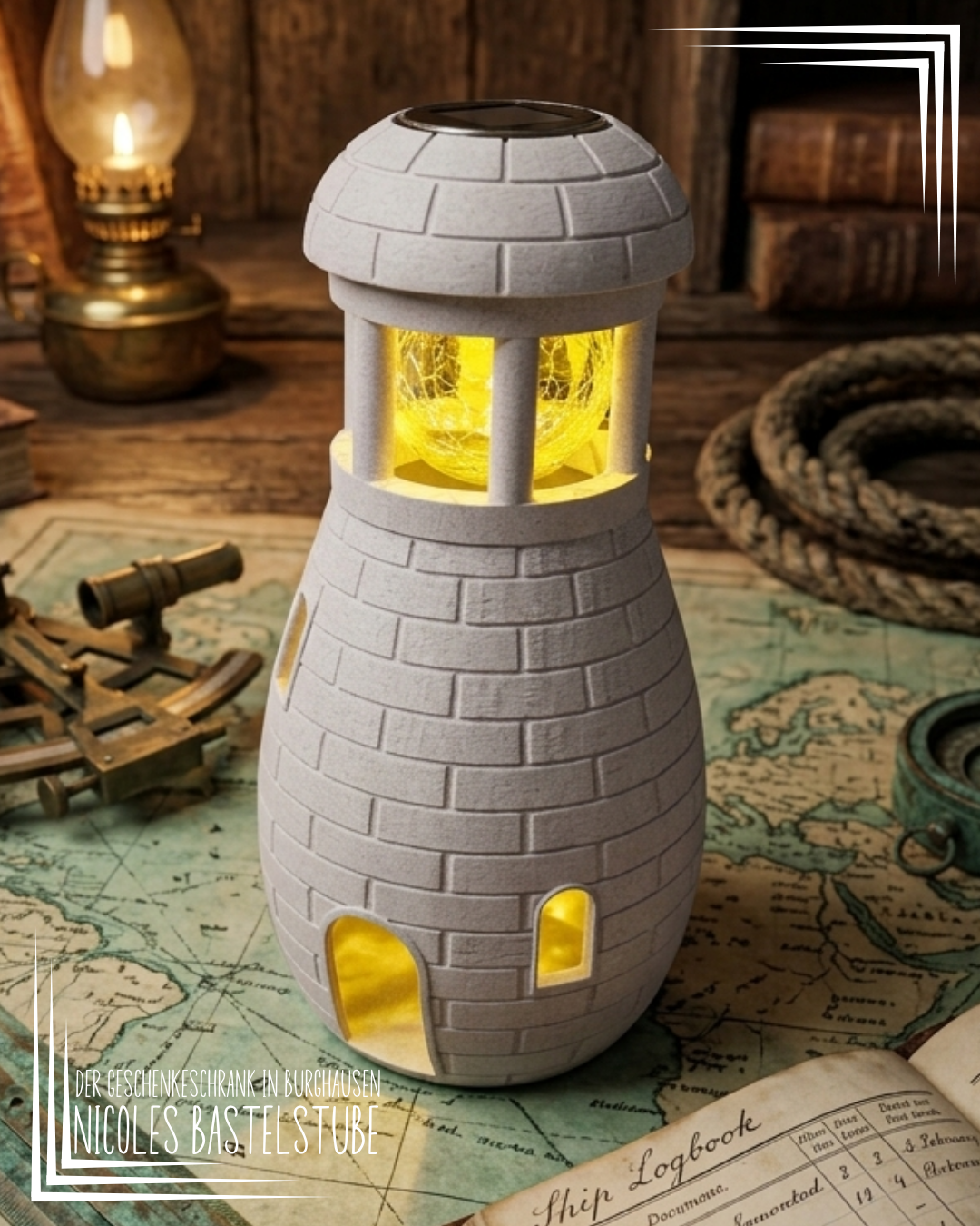 Nicoles Bastelstube Solarleuchtturm Ein Leuchtturm, etwas mediteran angehaucht, mit einer Solarleucht die Euch immer den Weg zeigen wird - das ist dieser 3D-Druck. Mit einer Höhe von rund 25cm nicht gerade klein, aber genau richtig.