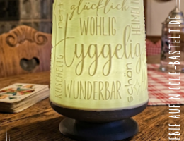Nicoles Bastelstube Lampe "Hyggelig" Eine kleine Lampe mit viel Gemütlichkeit in sich.... Die Lampe besteht aus dem Lampenschirm und einem zweiteiligen Fuss - beim Zusammenbau des Fusses kann eine Batterielichterkette oder auch z.B. ein USB-Licht mit Kabel durch den Lampensockel geführt werden.