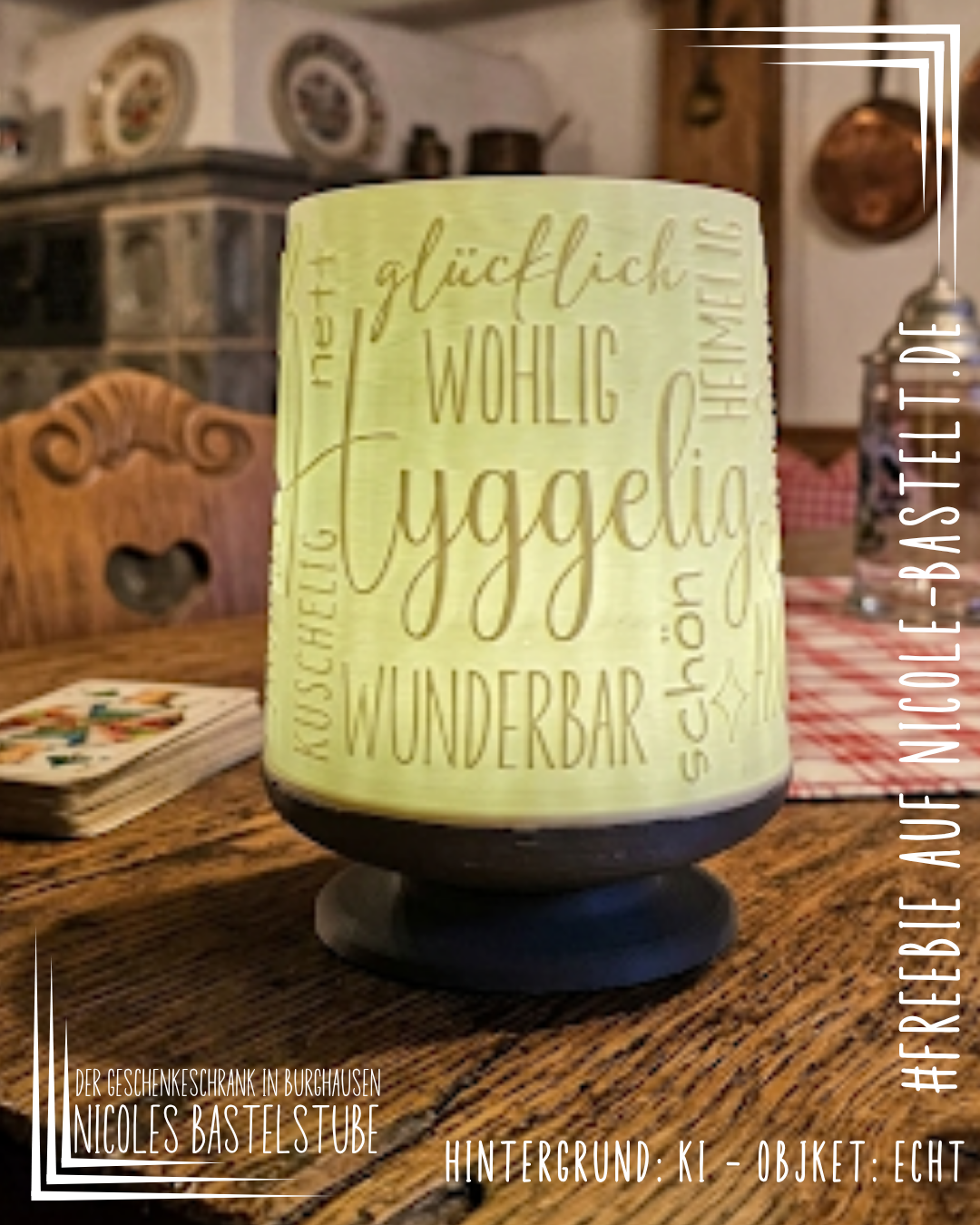Nicoles Bastelstube Lampe "Hyggelig" Eine kleine Lampe mit viel Gemütlichkeit in sich.... Die Lampe besteht aus dem Lampenschirm und einem zweiteiligen Fuss - beim Zusammenbau des Fusses kann eine Batterielichterkette oder auch z.B. ein USB-Licht mit Kabel durch den Lampensockel geführt werden.